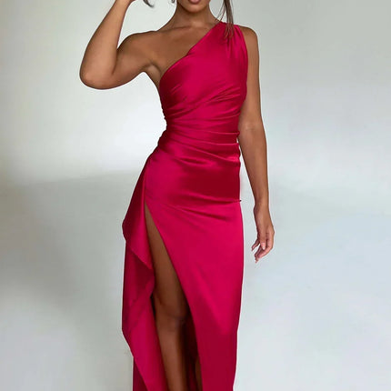 Open Shoulder Satin Split Dress | Slim Fit | Versatile Day to Night Style | High Quality & Comfort | Sizes S-L | Belle Couture | Essential Elegance