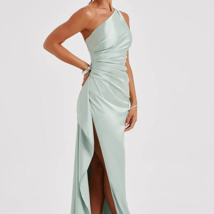 Open Shoulder Satin Split Dress | Slim Fit | Versatile Day to Night Style | High Quality & Comfort | Sizes S-L | Belle Couture | Essential Elegance