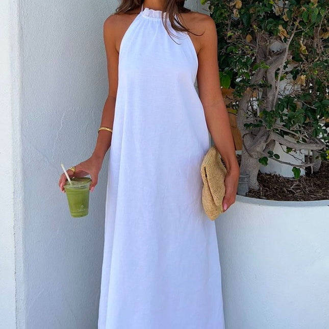 Linen Cotton Blend Maxi Dress | Halter Neckline with Drawstring | Exposed Back | Elasticated Waist | Lined | True to Size