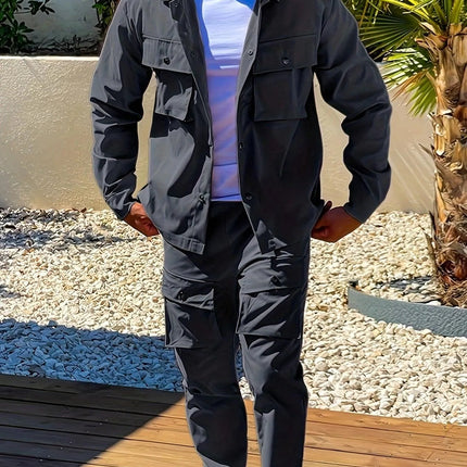 Heren Casual Twee-delige Set, Basic Stijl, Beige Werkjas En Joggingbroek Combo Met Meerdere Zakken, Comfortabele Pasvorm, Voor Lente Herfst Winter - Visconte