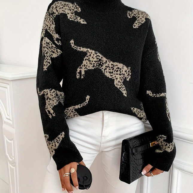 Women's Long Sleeve Turtleneck | Leopard Print | Snug Fit | Elegant Autumn Winter Sweater