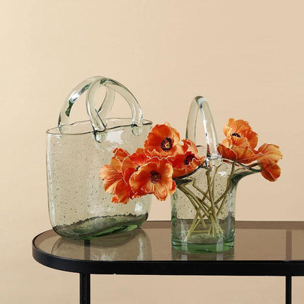Handcrafted Glass Vase | Elegant Tote & Basket Design | Home Decor Accent | Available in 4 Styles | Perfect for Fresh or Silk Flowers | Unique Handbag-Inspired Glass Container | Enhance Your Space with Style
