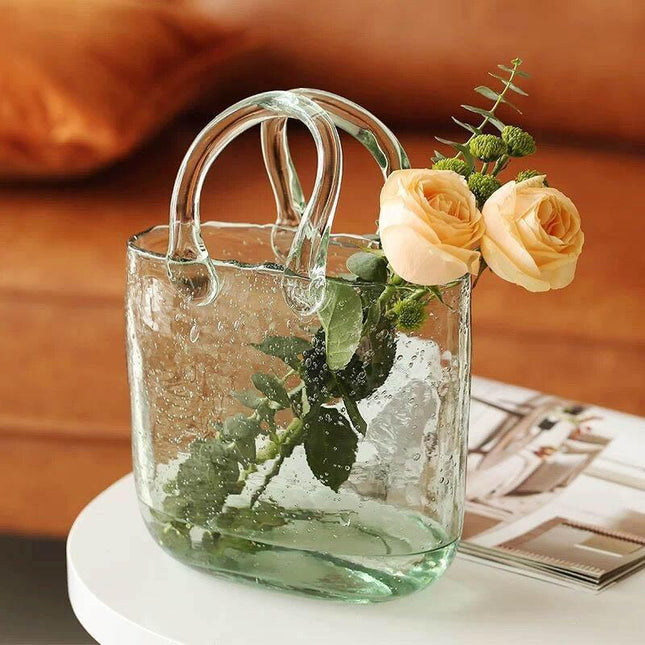 Handcrafted Glass Vase | Elegant Tote & Basket Design | Home Decor Accent | Available in 4 Styles | Perfect for Fresh or Silk Flowers | Unique Handbag-Inspired Glass Container | Enhance Your Space with Style