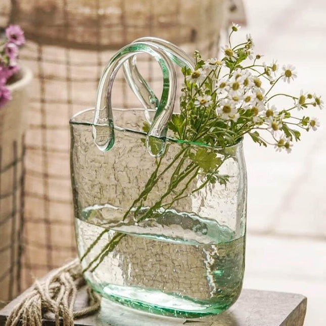 Handcrafted Glass Vase | Elegant Tote & Basket Design | Home Decor Accent | Available in 4 Styles | Perfect for Fresh or Silk Flowers | Unique Handbag-Inspired Glass Container | Enhance Your Space with Style