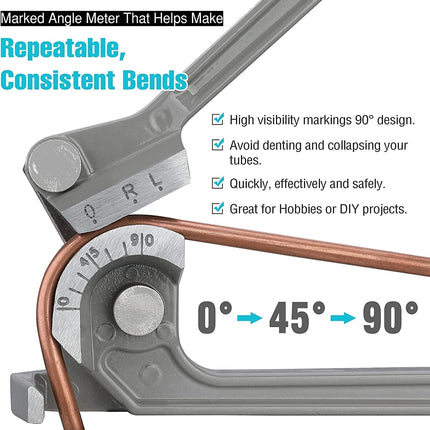 3-in-1 Tube Bender | 1/4" 5/16" 3/8" Bending Tool | For Copper Brass Aluminum Thin Steel | Lightweight Grey Aluminum | Ergonomic Handle | Precision Marks | Up to 90° Bends | Plumbing DIY Automotive