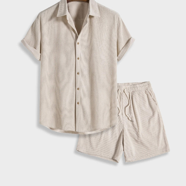 Men's Corduroy Two-Piece Summer Outfit | Button-Up Short Sleeve Shirt & Coordinating Bottoms | Relaxed Fit | Breathable Lightweight Fabric | Available in Beige, Black, Green, Light Blue