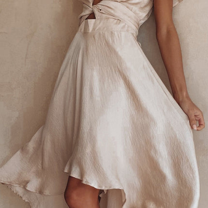 Women's High-Low Satin Dress | Sunny Daze | Champagne | Butterfly Sleeves | Fitted Waistband | Occasion Wear