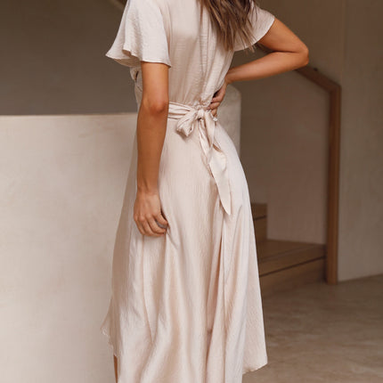 Women's High-Low Satin Dress | Sunny Daze | Champagne | Butterfly Sleeves | Fitted Waistband | Occasion Wear