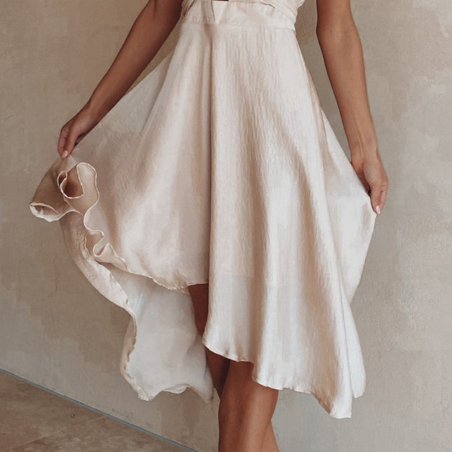 Women's High-Low Satin Dress | Sunny Daze | Champagne | Butterfly Sleeves | Fitted Waistband | Occasion Wear
