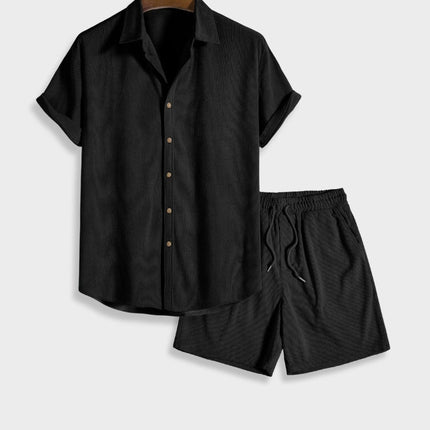 Men's Corduroy Two-Piece Summer Outfit | Button-Up Short Sleeve Shirt & Coordinating Bottoms | Relaxed Fit | Breathable Lightweight Fabric | Available in Beige, Black, Green, Light Blue