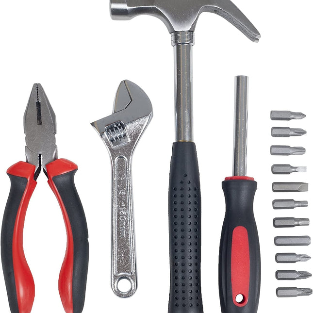 15-Piece Hand Tool Kit | Durable Metal Construction | Compact Plastic Carrying Case | 7oz Hammer | 6" Adjustable Wrench | Pliers | Screwdriver Set | Perfect for DIY Projects & Home Maintenance | Red