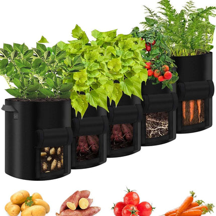 5 Pack | 10 Gallon Grow Bags | Heavy Duty 450g Non-Woven Fabric | With Handles | For Root Vegetables | Includes 10 Labels | Breathable & Drainage | Indoor Outdoor Use | Ideal for Potatoes, Onions, Garlic