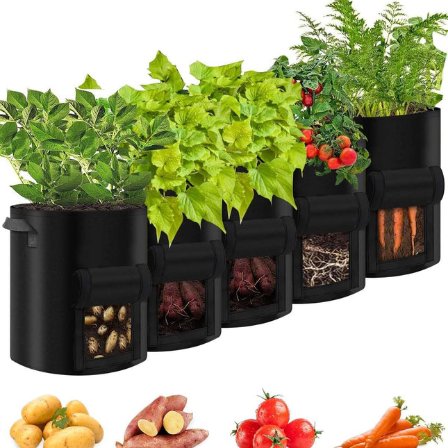 5 Pack | 10 Gallon Grow Bags | Heavy Duty 450g Non-Woven Fabric | With Handles | For Root Vegetables | Includes 10 Labels | Breathable & Drainage | Indoor Outdoor Use | Ideal for Potatoes, Onions, Garlic