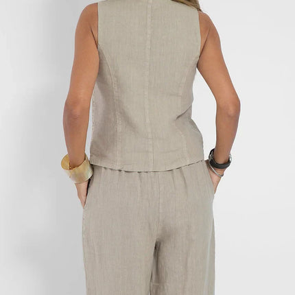 Solid Two-Piece Women's Set | Sleeveless V-Neck Gilet & Pants | Versatile Summer Outfit | Neutral Colors | S-2XL | Timeless Design