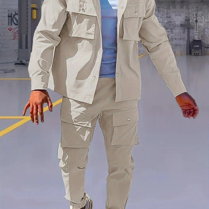 Heren Casual Twee-delige Set, Basic Stijl, Beige Werkjas En Joggingbroek Combo Met Meerdere Zakken, Comfortabele Pasvorm, Voor Lente Herfst Winter - Visconte