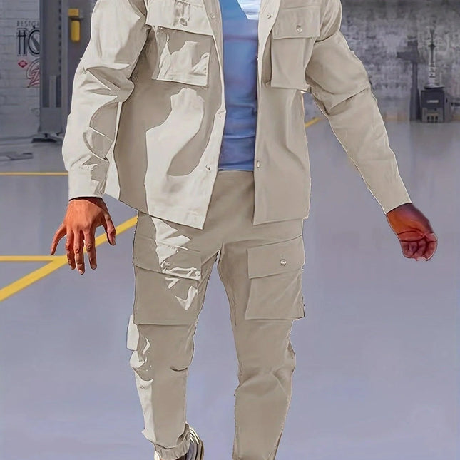 Heren Casual Twee-delige Set, Basic Stijl, Beige Werkjas En Joggingbroek Combo Met Meerdere Zakken, Comfortabele Pasvorm, Voor Lente Herfst Winter - Visconte