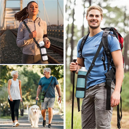 Universal Water Bottle Carrier Strap | Adjustable Shoulder Strap | Compatible with 12-64 Oz Bottles | Polyester & Rubber | Fits Wide & Standard Bottles | Three Carry Options | Hiking & Outdoor Use