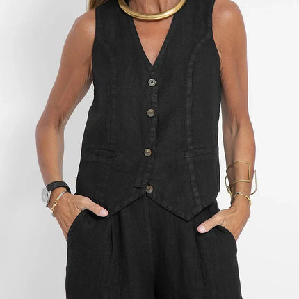 Solid Two-Piece Women's Set | Sleeveless V-Neck Gilet & Pants | Versatile Summer Outfit | Neutral Colors | S-2XL | Timeless Design