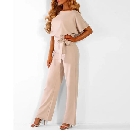 Women's High-Waisted Jumpsuit | Flattering Waistband | Loose-Fit Short Sleeves | Round Neckline | Size S-2XL | Blue, Beige, Yellow | Polyester Blend | Versatile Wear for Any Occasion