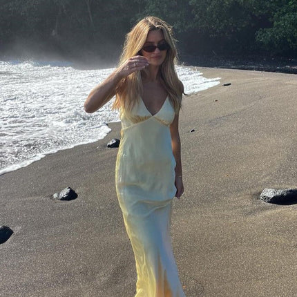 Ziah | Yellow Maxi Dress | Deep V-Neckline | Thin Elastic Straps | Silky Feel | Billy J Exclusive | Invisible Side Zipper | Lined | Perfect for Formal Events | Style with Nude Heels and Gold Accessories | 100% Polyester