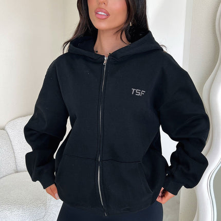 Dale Black Zip Up Hoodie | Soft Cotton Blend | Full Length with Silver Zip | Hooded Sweatshirt | Embroidered TSF Logo | Casual Everyday Outerwear