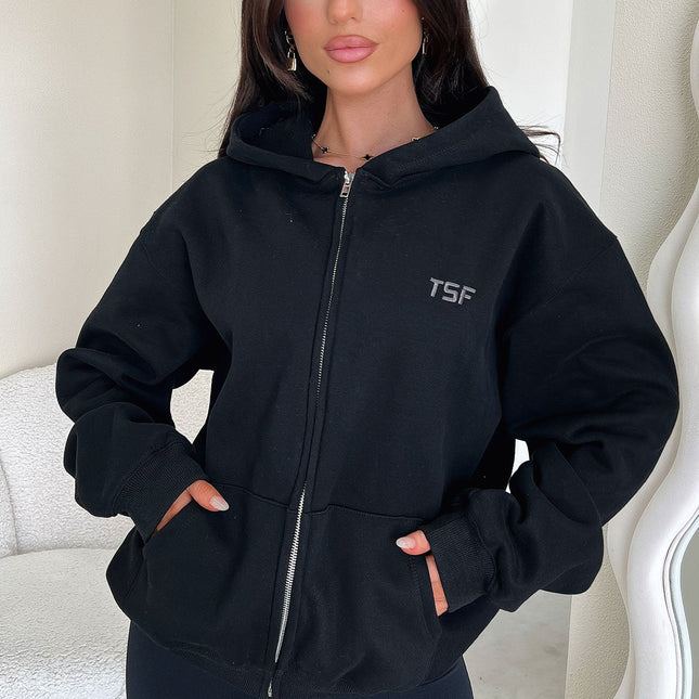 Dale Black Zip Up Hoodie | Soft Cotton Blend | Full Length with Silver Zip | Hooded Sweatshirt | Embroidered TSF Logo | Casual Everyday Outerwear