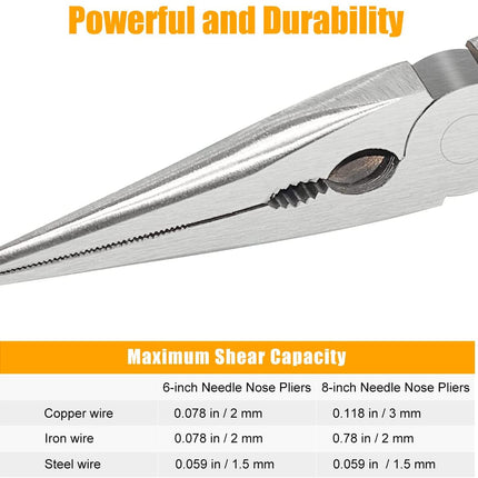 Long Needle Nose Pliers | 8” & 6” Precision Tools | Carbon Steel | TPR Handle | Force-Saving Spring | Sharp Blade | Non-Slip Grip | Strong Cutting Force | Easy Use in Tight Spaces | Heavy-Duty Pliers