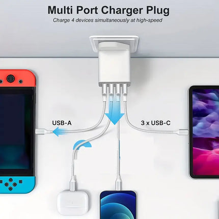 4-Port USB Fast Charger | QC3.0 Technology | UK Plug | Universal Compatibility | Fireproof Casing | Compact Design | Ideal for Travel | Overload & Short-Circuit Protection | 4X Faster Charging | 36W Power | 4 USB Ports