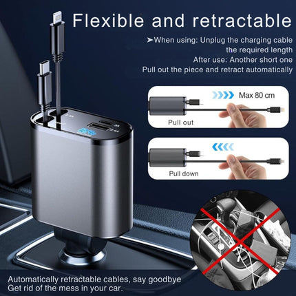 4 in 1 Car Charger Adapter | USB & Type-C Ports | For iPhone, Android, Tablets & Laptops | Extendable & Retractable Cables | 12V-24V Vehicle Compatibility | Smart Voltage Monitor | Multi-Fast Charging Certified