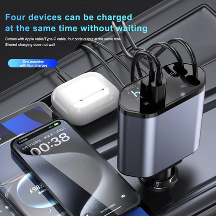 4 in 1 Car Charger Adapter | USB & Type-C Ports | For iPhone, Android, Tablets & Laptops | Extendable & Retractable Cables | 12V-24V Vehicle Compatibility | Smart Voltage Monitor | Multi-Fast Charging Certified