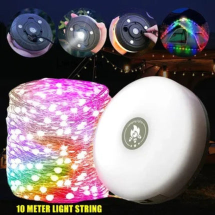 All-in-One Camping String Light | USB Rechargeable | 5 Modes + Emergency Lights | Durable ABS | IP44 Waterproof | 10M Copper Wire | Portable Flashlight | Magnetic Base with Hooks | Multipurpose Outdoor Use