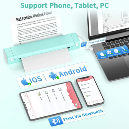 Compact Wireless Thermal Printer | Ink-Free | Bluetooth Connectivity | Portable Travel Design | Quick and Seamless High-Quality Printing from Phone or Laptop | Perfect for Documents, Photos, Labels