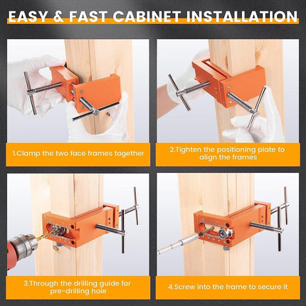 Professional Cabinetry Clamps | Aluminum Alloy Body | Stainless Steel Rods | Two Interchangeable Drill Guides | Quick Cabinet Face Frame Installation | Rubber Protection Pads | CNC Anodized Surface