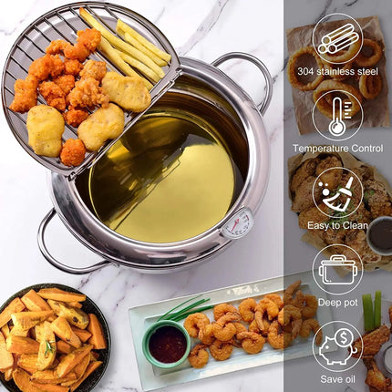 Stainless Steel Deep Frying Pot | Integrated Thermometer | Oil Drainer Rack | Cool-Touch Handles | 2.2L & 3.2L Capacity | Heat Resistant | For Perfect Frying | Silver | Safe & Efficient | Home Kitchen Essential
