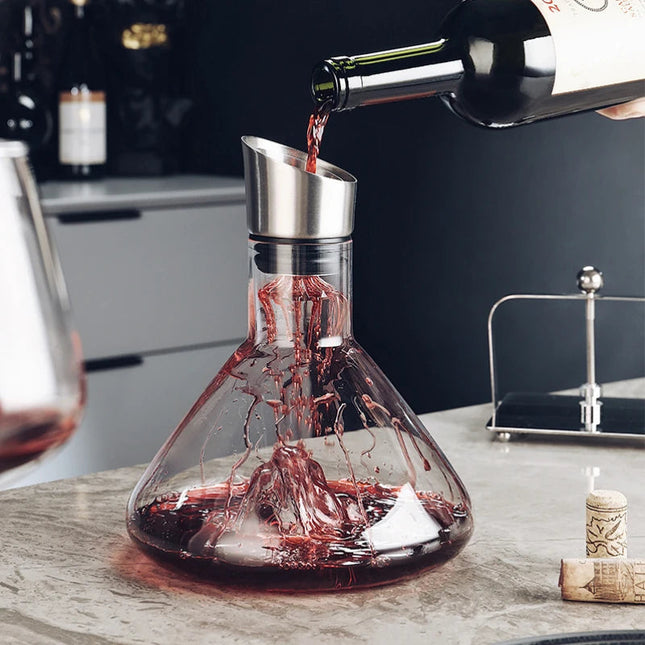 Hand-Blown Lead-Free Crystal 1500ml Wine Decanter | 12-Channel Aerator | Stainless Steel Filter | Waterfall Base | Enhance Aroma & Flavor