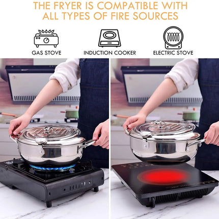 Stainless Steel Deep Frying Pot | Integrated Thermometer | Oil Drainer Rack | Cool-Touch Handles | 2.2L & 3.2L Capacity | Heat Resistant | For Perfect Frying | Silver | Safe & Efficient | Home Kitchen Essential