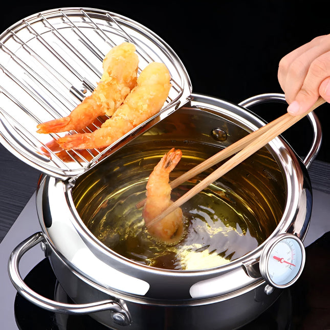 Stainless Steel Deep Frying Pot | Integrated Thermometer | Oil Drainer Rack | Cool-Touch Handles | 2.2L & 3.2L Capacity | Heat Resistant | For Perfect Frying | Silver | Safe & Efficient | Home Kitchen Essential