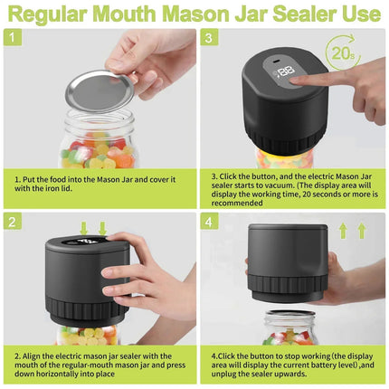 Electric Vacuum Sealer for Mason Jars | Airtight Food Preservation | Reusable Lids Included | USB Rechargeable | Compact & Durable Design | One-Touch Operation | Fits Standard & Wide-Mouth Jars | Kitchen Gadget