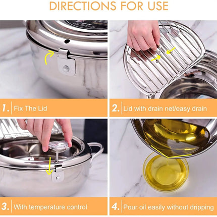 Stainless Steel Deep Frying Pot | Integrated Thermometer | Oil Drainer Rack | Cool-Touch Handles | 2.2L & 3.2L Capacity | Heat Resistant | For Perfect Frying | Silver | Safe & Efficient | Home Kitchen Essential