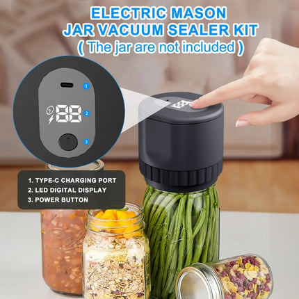 Electric Vacuum Sealer for Mason Jars | Airtight Food Preservation | Reusable Lids Included | USB Rechargeable | Compact & Durable Design | One-Touch Operation | Fits Standard & Wide-Mouth Jars | Kitchen Gadget