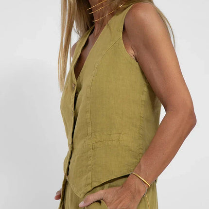 Solid Two-Piece Women's Set | Sleeveless V-Neck Gilet & Pants | Versatile Summer Outfit | Neutral Colors | S-2XL | Timeless Design