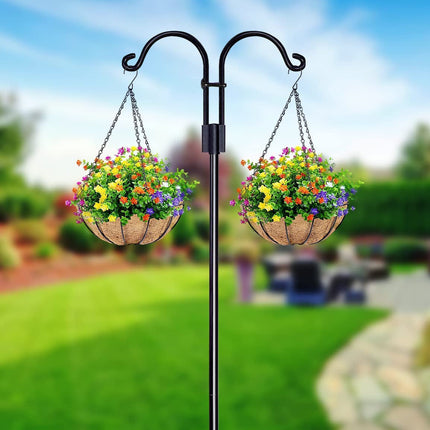 Double Shepherds Hooks | 60 Inch Bird Feeder Pole Set | Heavy Duty Metal with 5 Prongs Base | Versatile Garden Hanging Solution for Feeders, Lanterns, Plants | Rustproof Outdoor Decorative Accent