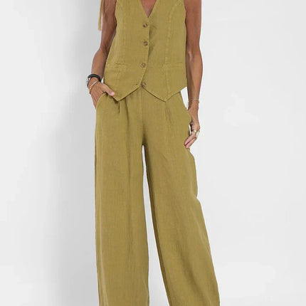 Solid Two-Piece Women's Set | Sleeveless V-Neck Gilet & Pants | Versatile Summer Outfit | Neutral Colors | S-2XL | Timeless Design