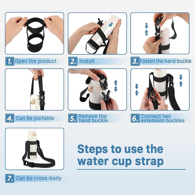Universal Water Bottle Carrier Strap | Adjustable Shoulder Strap | Compatible with 12-64 Oz Bottles | Polyester & Rubber | Fits Wide & Standard Bottles | Three Carry Options | Hiking & Outdoor Use