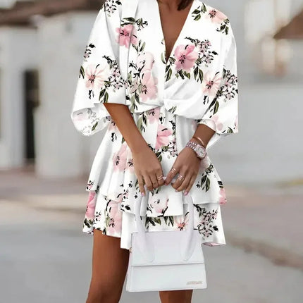 BELLA | Women's Boho Chic Floral Dress | Vibrant Summer Style | Cinched Waist & Flowing Sleeves | Versatile for Beach or City