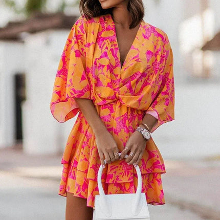 BELLA | Women's Boho Chic Floral Dress | Vibrant Summer Style | Cinched Waist & Flowing Sleeves | Versatile for Beach or City