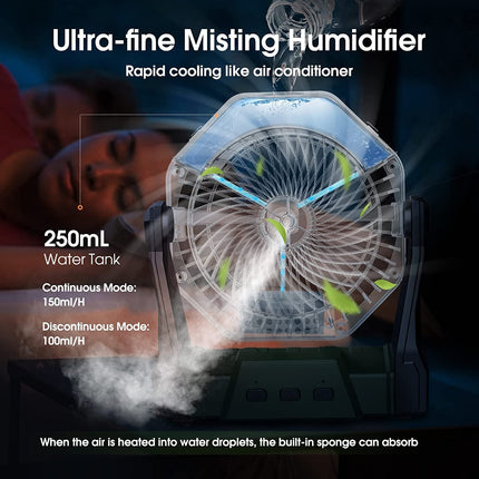 Portable 8-Inch Misting Fan | 10000mAh Rechargeable Battery | 3 Speed Settings & LED Light | With Water Tank for Continuous Spray | Quiet Brushless Motor | Versatile Hanging & Standing Options