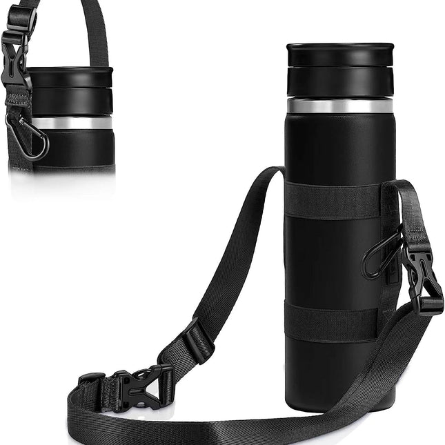 Universal Water Bottle Carrier Strap | Adjustable Shoulder Strap | Compatible with 12-64 Oz Bottles | Polyester & Rubber | Fits Wide & Standard Bottles | Three Carry Options | Hiking & Outdoor Use