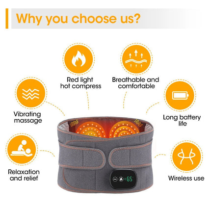 Electric Heating Waist Wrap | Infrared Technology | Muscle Relaxation | Adjustable Strap | USB Rechargeable | 3 Temperature Settings | Dual Motor Vibration | Portable | Gray