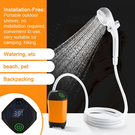 Portable Electric Shower | Outdoor Waterproof Design | Digital Temperature Display | 3 Water Modes | Built-in Rechargeable Battery | Compact Travel Size | For Camping, Hiking, & Travel | By Noustia